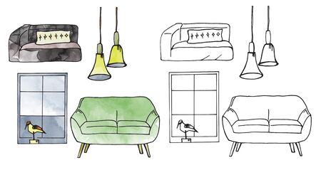 furniture isolated objects, traced sketches and digital watercolorの写真素材