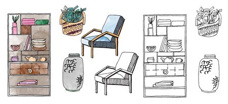 furniture isolated objects, traced sketches and digital watercolorの写真素材