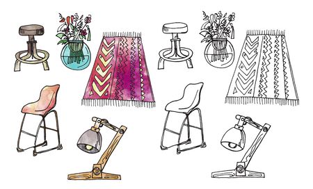 furniture isolated objects, traced sketches and digital watercolorの写真素材