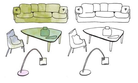 furniture isolated objects, traced sketches and digital watercolorの写真素材
