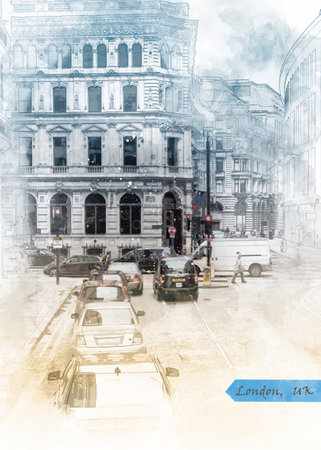 city life of London in watercolor sketch style for postcard or illustration usingの写真素材