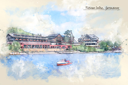Titisee Lake in Germany in watercolor sketch style for using for postcard or illustrationの写真素材