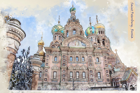 city life of Saint Petersburg, Russia, in sketch style for using for postcard or illustrationの写真素材