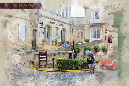countryside of Bordeaux region, France, in watercolor sketch style for using for postcard or illustrationの写真素材
