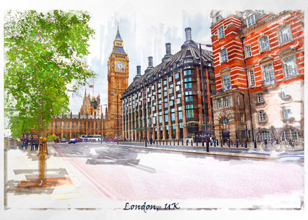 city life of London in marker sketch style for using for postcard or illustrationの写真素材