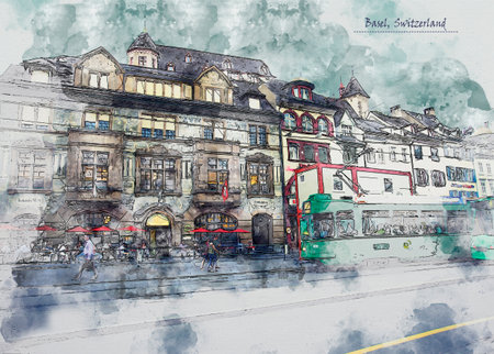 city life of Basel in sketch style for using for postcard or illustrationの写真素材
