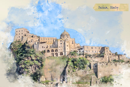 coast of Ischia, Italy in sketch style for using for postcard or illustrationの写真素材