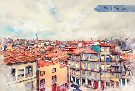 city life of Porto, Portugal, in sketch style for using for postcard or illustrationの写真素材