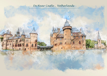 castle De Haar Castle in Netherlands in sketch style for using for postcard or illustrationの写真素材