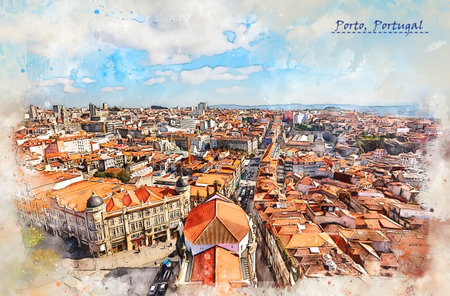 city life of Porto, Portugal, in sketch style for using for postcard or illustrationの写真素材