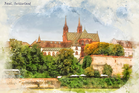 Basel in sketch style for using for postcard or illustrationの写真素材