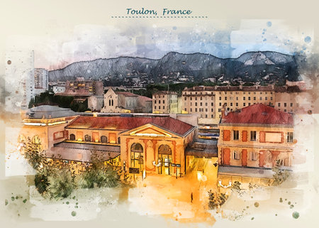 city life of Toulon, France in sketch style for using for postcard or illustrationの写真素材