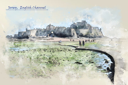 coast of Jersey, English Channel, in sketch style for using for postcard or illustrationの写真素材