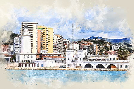coast of Malaga, Spain, in sketch style for using for postcard or illustrationの写真素材