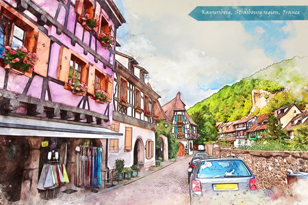 Alsace region, France, in watercolor sketch style for using for postcard or illustrationの写真素材