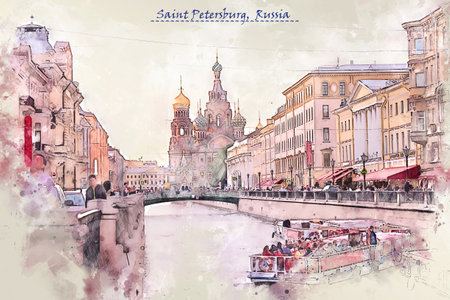 city life of Saint Petersburg, Russia, in sketch style for using for postcard or illustrationの写真素材