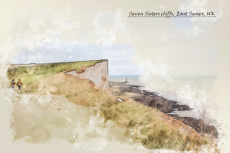 coast of East Sussex, UK, in sketch style for using for postcard or illustrationの写真素材