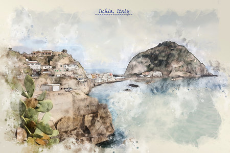 coast of Ischia, Italy in sketch style for using for postcard or illustrationの写真素材