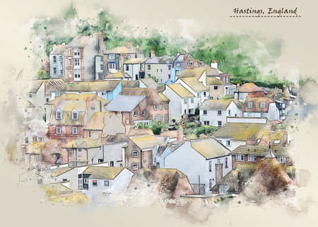 town Hastings, UK, in sketch style for using for postcard or illustrationの写真素材