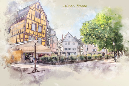 city life of Colmar in France in sketch style for using for postcard or illustrationの写真素材