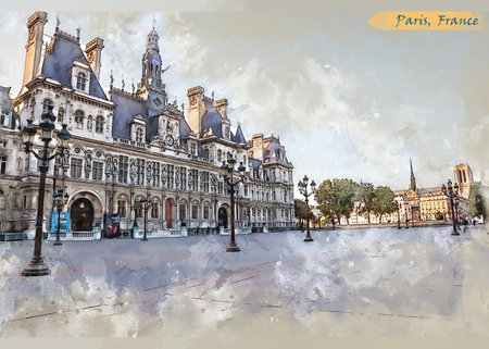 city life of Paris in sketch style for using for postcard or illustrationの写真素材