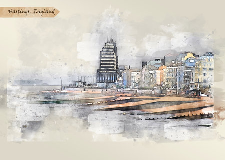 coast of Hastings, UK, in sketch style for using for postcard or illustrationの写真素材