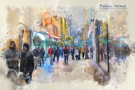 city life of Dublin, Ireland, in sketch style for using for postcard or illustrationの写真素材