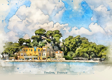 seacoast Cote dAzur, France in sketch style for using for postcard or illustrationの写真素材