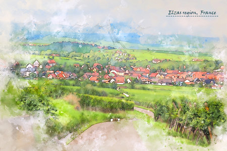 countryside of Alsace region, France, in watercolor sketch style for using for postcard or illustrationの写真素材