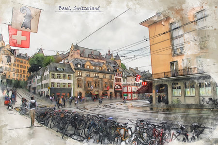 city life of Basel in sketch style for using for postcard or illustrationの写真素材