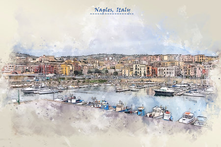 coast of Naples, Italy in sketch style for using for postcard or illustrationの写真素材