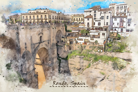 village Rondo, Spain, in watercolor sketch style for using for postcard or illustrationの写真素材
