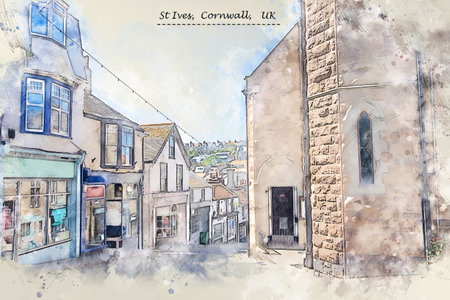 city life St Ives, Cornwall, UK, in sketch style for using for postcard or illustrationの写真素材