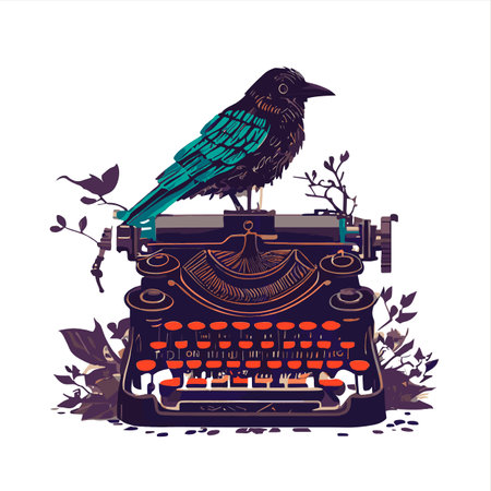Vintage typewriter with bird. Vector illustration in retro style.の素材