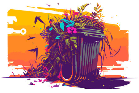 Grunge illustration of a trash can with flowers and birds.の素材
