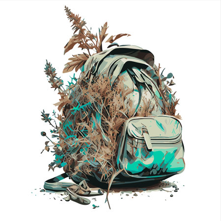 Vector illustration of a backpack with grass and flowers on white background.の素材