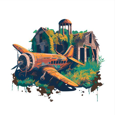 Vector illustration of an old plane on the background of a destroyed houseの素材