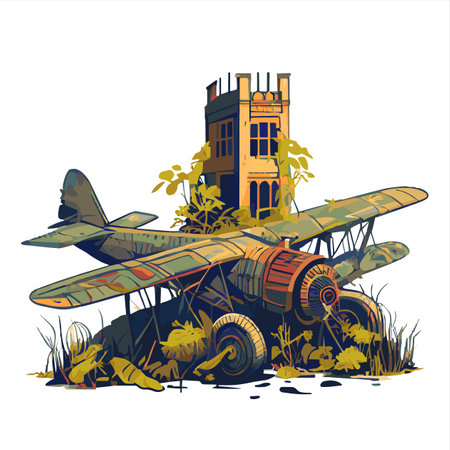 Vector illustration of an old military airplane and a ruined building on a white backgroundの素材