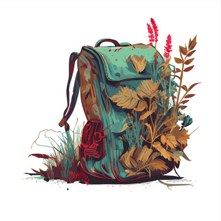 Vector illustration of a backpack on a background of grass and flowers.の素材