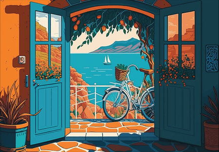 Illustration of the front door of house yard, seasonal travel image. Generative aiの素材