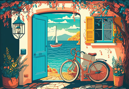 Illustration of the front door of house yard, seasonal travel image. Generative aiの素材