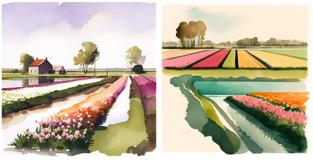 Minimalist watercolor of Dutch landscape. Generative aiの素材