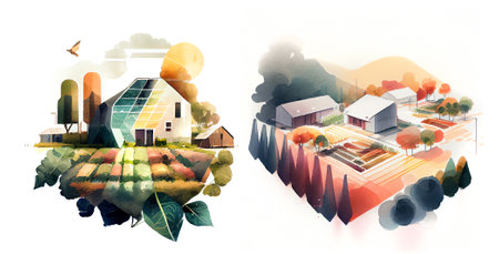 Minimalistic watercolor of ecological urban farm. Generative aiの素材