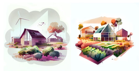 Minimalistic watercolor of ecological urban farm. Generative aiの素材