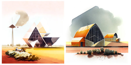Minimalistic watercolor of ecological urban farm. Generative aiの素材