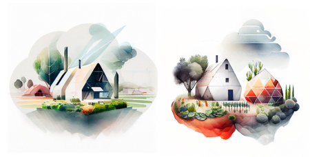 Minimalistic watercolor of ecological urban farm. Generative aiの素材