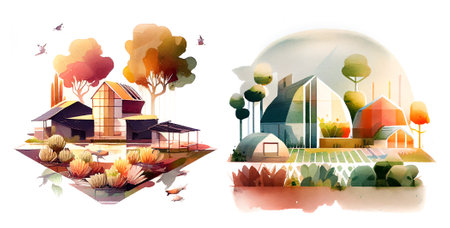 Minimalistic watercolor of ecological urban farm. Generative aiの素材