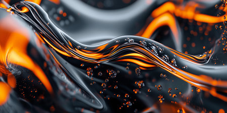 3d rendering of abstract wavy liquid background. Orange and black colours.の素材