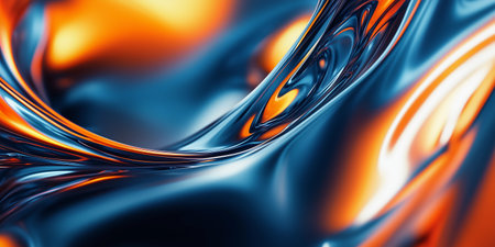 3d rendering of abstract wavy metallic background. Orange and blue colours.の素材