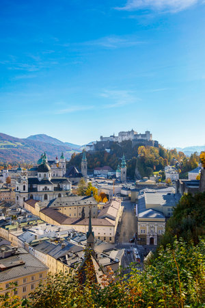 Autumn View at Hohensalzburg Fortress of Salzburg from Contemporary Museum Terrace, Austriaの写真素材